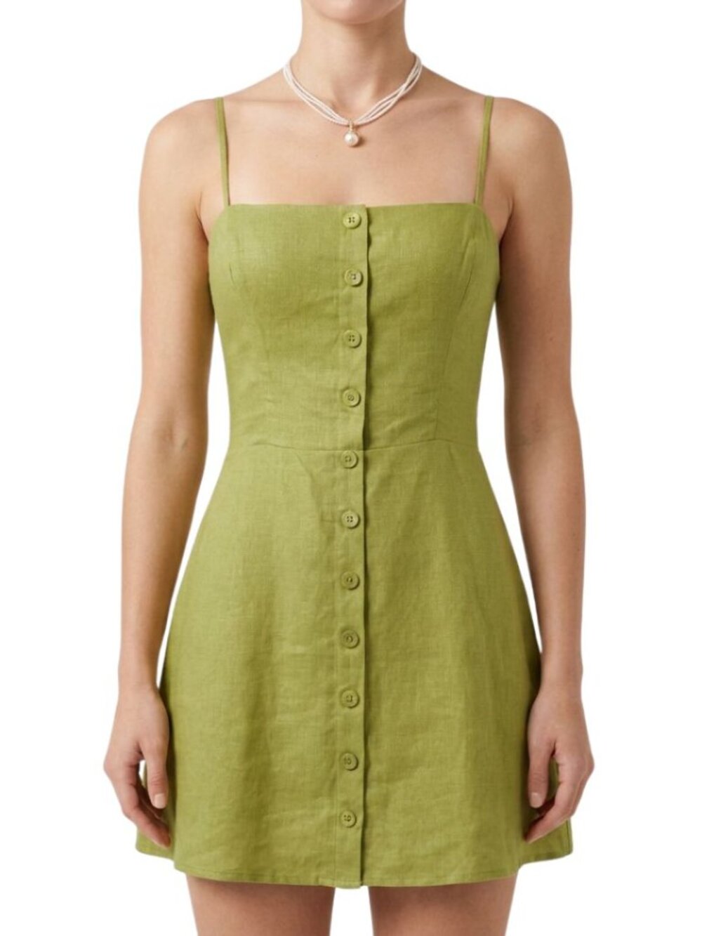 Reformation Huckleberry Linen Mini Dress Avocado Green Button Front 4